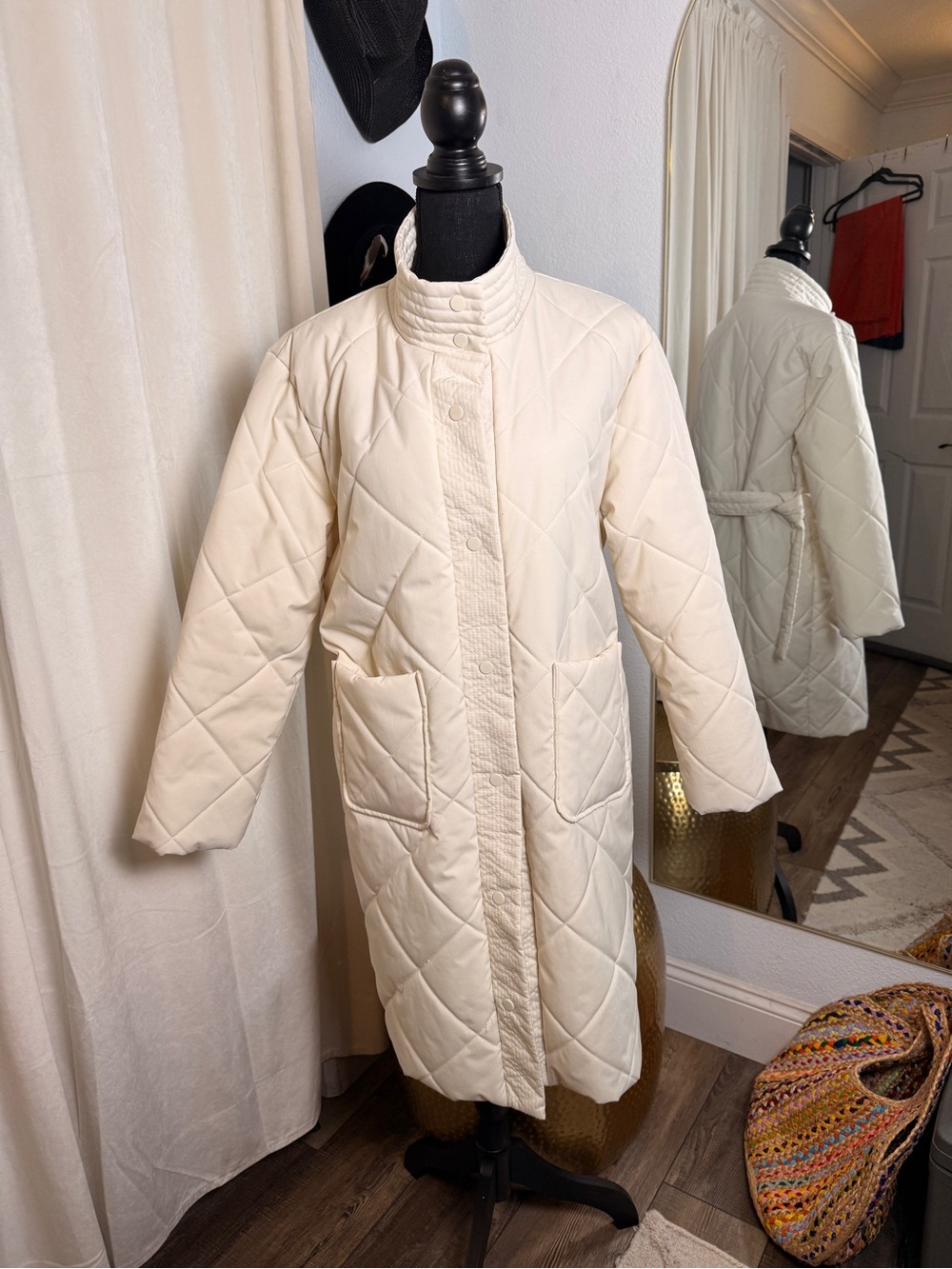 Quilted Long Puffer Coat - Cream Medium